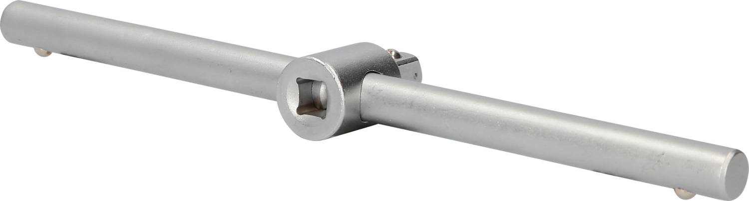 Srebrny uchwyt T do klucza nasadowego, obrotowy w środkowej części, przydatny do ręcznych prac przy samochodach lub maszynach.