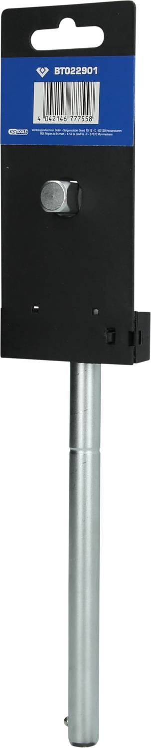 Metalowy pręt z czarnym uchwytem z tworzywa sztucznego, do którego przymocowany jest kod kreskowy i śruba.