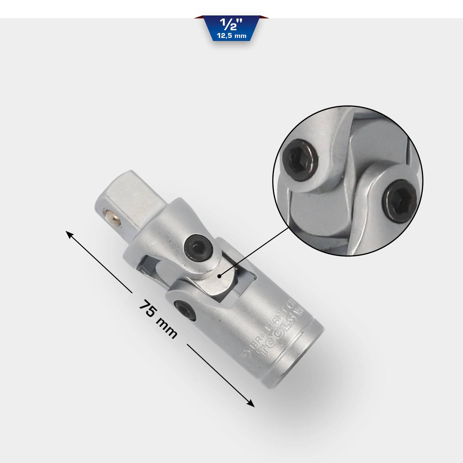 Uniwersalny przegub metalowy o długości 75 mm. Szczegółowy widok połączenia śrubowego; element łączący z przyłączem 1/2 cala.