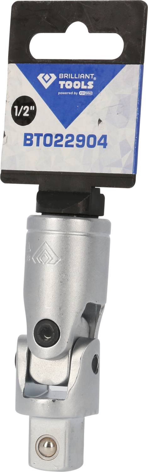 Metalowe narzędzie przegubowe 'BT022904' firmy Brilliant Tools, rozmiar 1/2 cala, na wieszaku, odpowiednie do elastycznego dokręcania śrub.