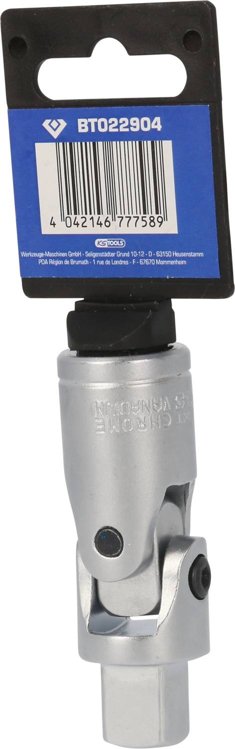 'BT022904' - Srebrne złącze obrotowe z czarną główką w opakowaniu sprzedażowym, odpowiednie do majsterkowania.