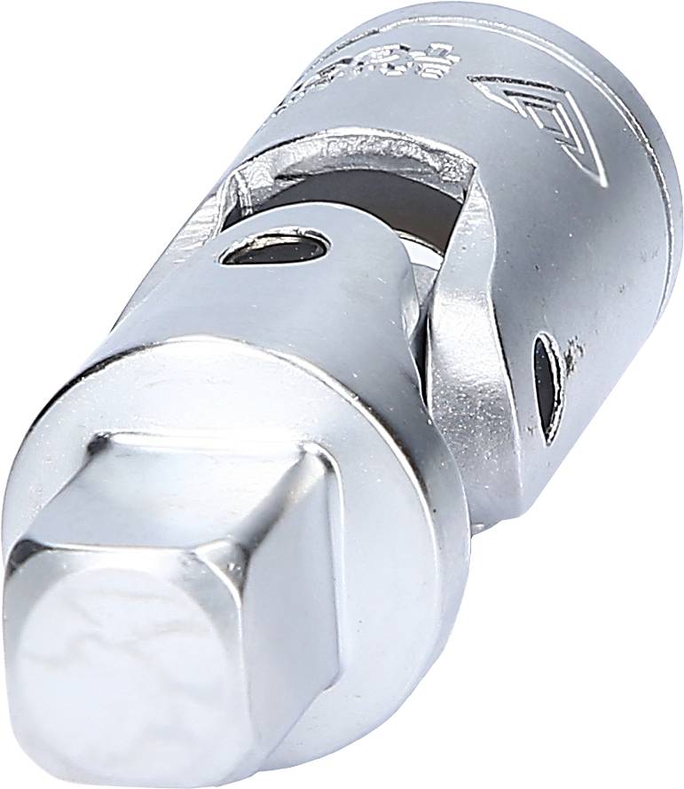 Metalowy uniwersalny adapter przegubowy, w kolorze srebrnym, do kluczy nasadowych. Umożliwia elastyczną pracę pod różnymi kątami.