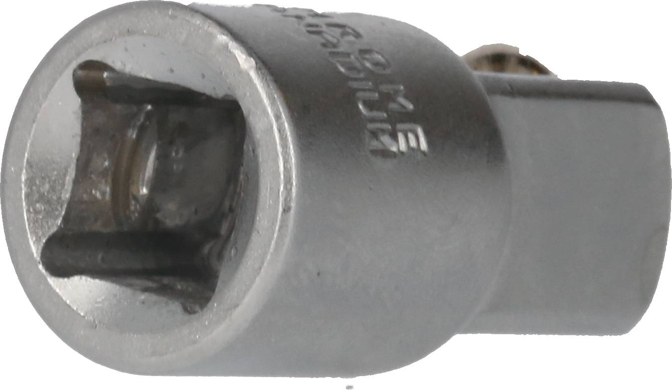 Nasadka metalowa, cylindryczna z sześciokątnym otworem, w kolorze srebrnym, stosowana w kluczykach nasadowych lub grzechotkach.