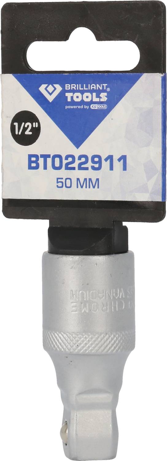 Adapter 'Brilliant Tools', numer artykułu BT022911, długość 50 mm, rozmiar 1/2 cala, wykonany z szarego metalu, w opakowaniu o niebiesko-białym wzornictwie.