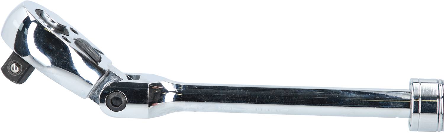 Chromowany klucz zapadkowy z obrotową głowicą, używany do dokręcania lub odkręcania śrub i nakrętek.