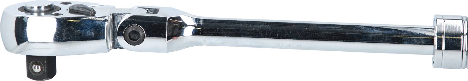 Chromowany grzechotka z kwadratową głowicą napędową, używana do dokręcania lub poluzowywania połączeń śrubowych.