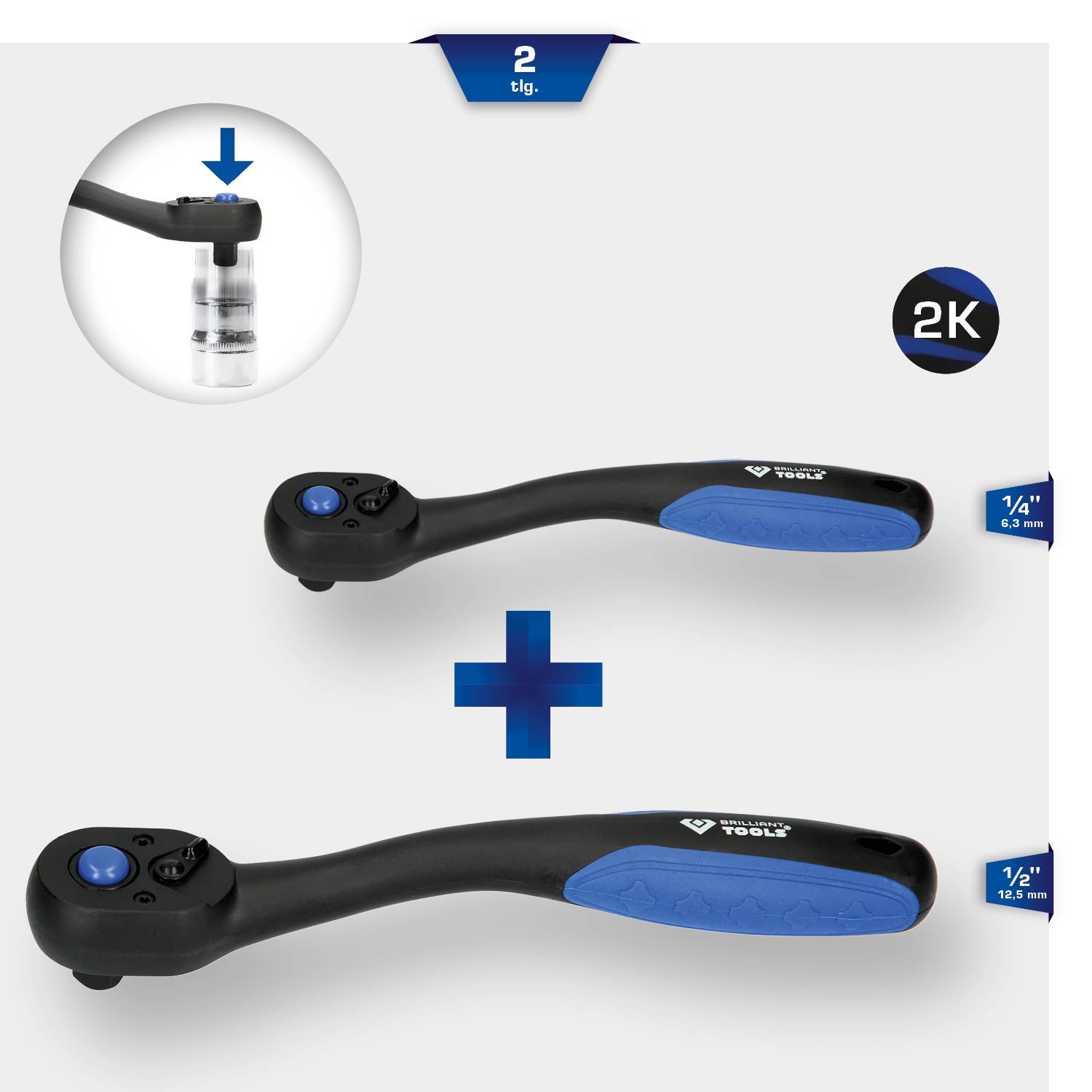 Dwie przełączalne grzechotki z niebiesko-czarnym uchwytem i napędem 1/4 cala. U góry po lewej szczegół funkcjonalny: dźwignia zmiany kierunku.