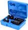 Niebieskie plastikowe etui z pięcioma czarnymi adapterami o różnych rozmiarach do narzędzi.