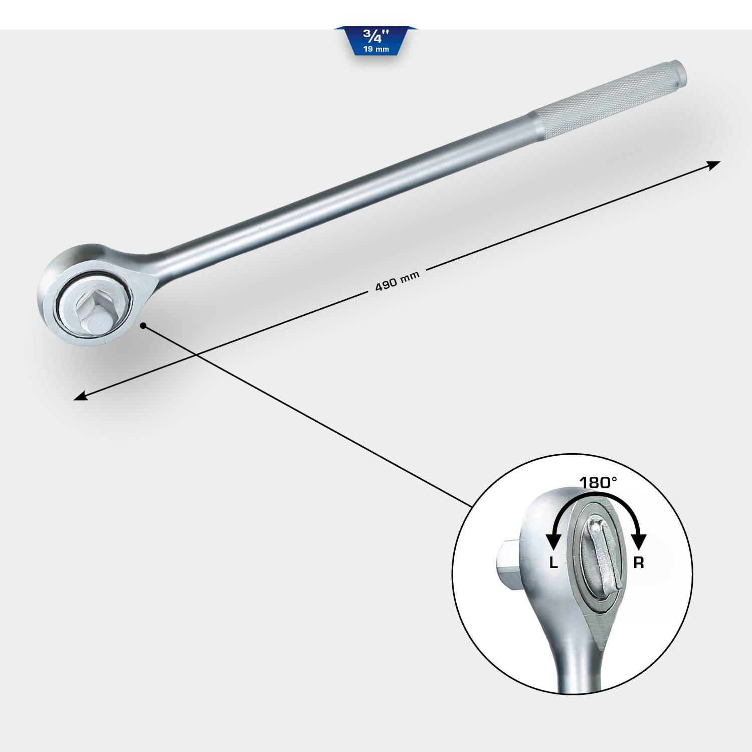 Długi klucz z grzechotką, 490 mm, z napędem 3/4 cala. Widok szczegółowy przedstawia dźwignię 180° do przełączania między 'L' (lewo) a 'R' (prawo).