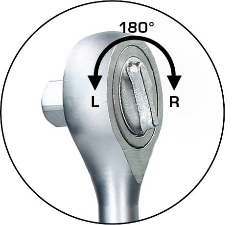 Zbliżenie klucza płaskiego: Głowica obraca się o 180 stopni, z oznaczeniami 'L' dla lewej i 'R' dla prawej strony.