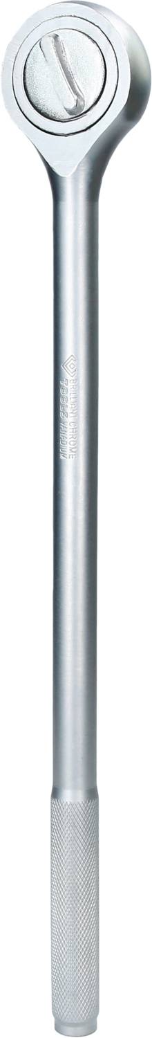 Srebrny uchwyt klucza nasadowego z okrągłą główką i żłobkowanym uchwytem dla lepszego chwytu. Narzędzie przeznaczone do użycia z nasadkami.