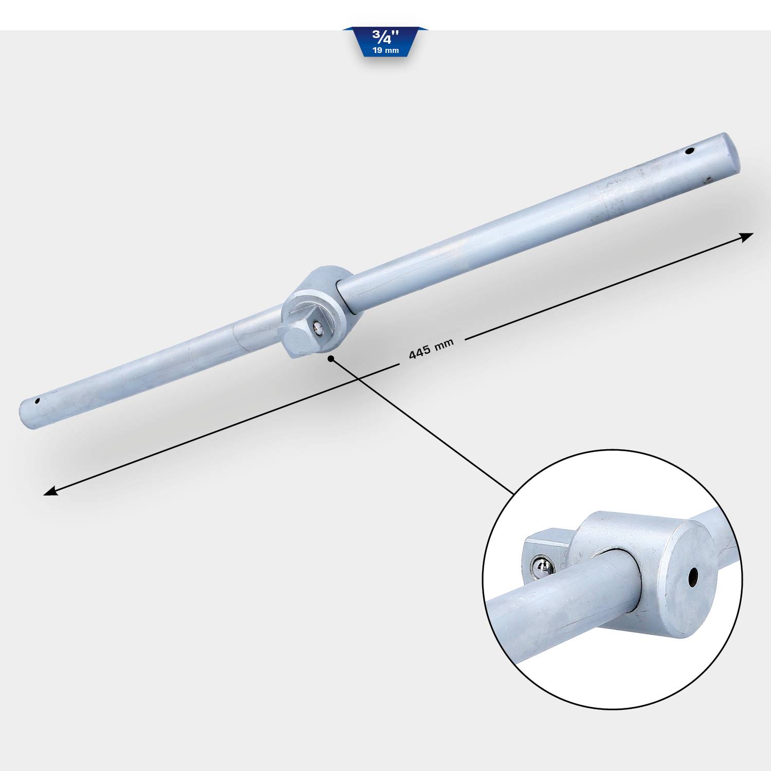 Metalowy rurociąg o długości 445 mm, widok szczegółowy złącza.