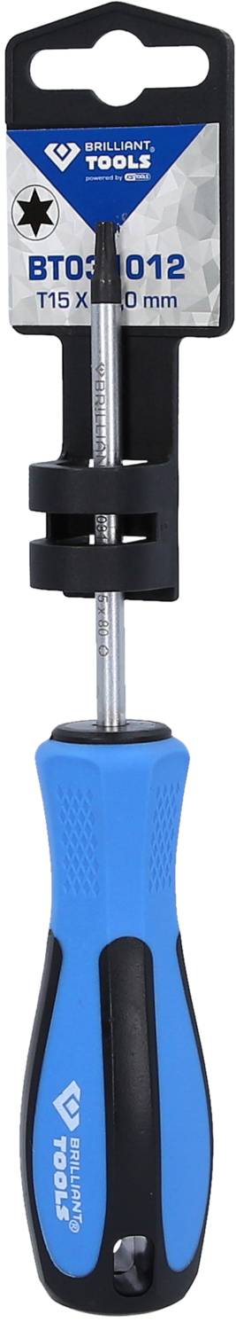 Niebieski wkrętak z czarną rękojeścią i szarym grotem. Nadruk na opakowaniu przedstawia 'BT03 2012, T15 x 100 mm' oraz czarny kształt gwiazdy.