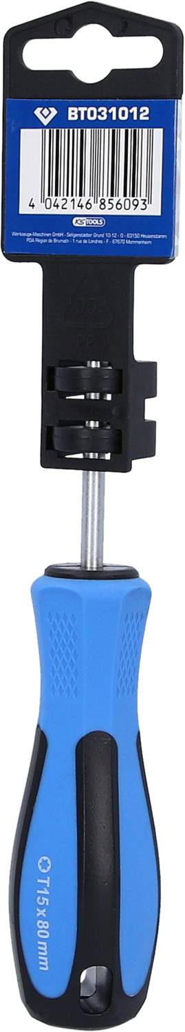Niebieski, ergonomiczny wkrętak z czarną końcówką, przeznaczony do wkrętów Torx. Na opakowaniu widoczny kod kreskowy i numer modelu.