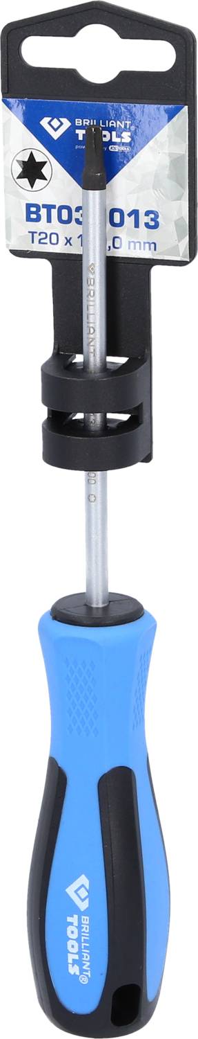 Wkrętak z uchwytem w kolorze niebiesko-czarnym i końcówką T20, zamocowany do opakowania z informacjami o produkcie.