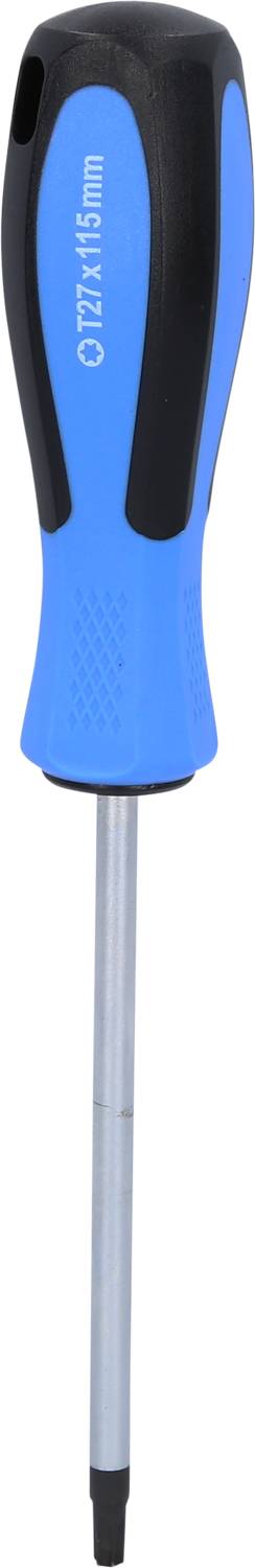 Wkrętak z niebieskim uchwytem i czarnym akcentem. Długi, metalowy trzon, odpowiedni do wkrętów krzyżakowych.