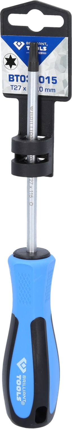 Niebieski śrubokręt z czarną rękojeścią i srebrnym ostrzem, umieszczony przed opakowaniem z napisem 'T27 x 100 mm'.
