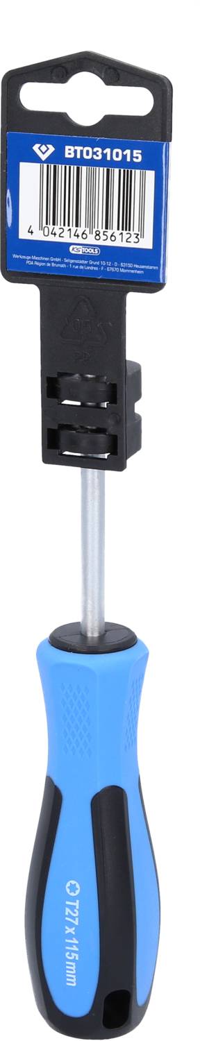 Niebieski śrubokręt z czarną rączką i czarną nasadką z tworzywa sztucznego na górnym końcu.