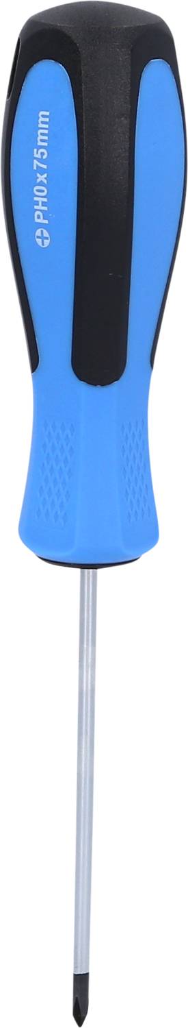 Niebieski wkrętak z czarną rękojeścią i srebrnym ostrzem. Na rękojeści widnieje napis 'PH1x75mm'.
