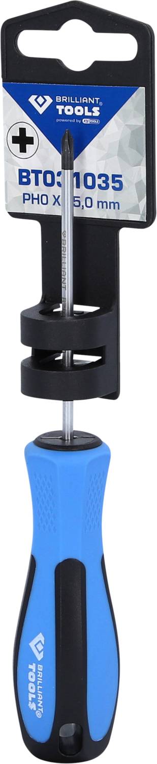 Wkrętak krzyżowy z uchwytem niebiesko-czarnym, model 'BT031035', PH0 x 5,0 mm w opakowaniu.