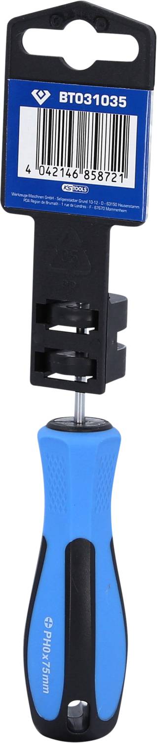 Niebieski i czarny śrubokręt z podłużnym uchwytem, zawieszony na opakowaniu z napisem 'BT031035'.