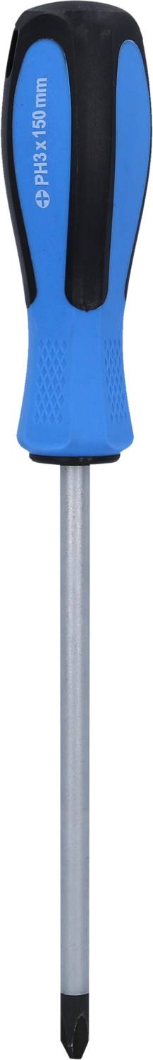 Wkrętak krzyżowy z uchwytem w kolorze niebiesko-czarnym i srebrnym ostrzem.