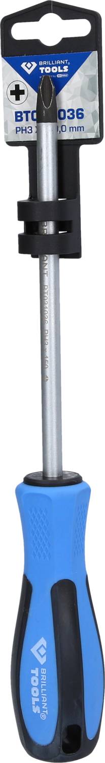 Niebieski wkrętak z czarną rękojeścią i ostrzem krzyżowym, przeznaczony do wkręcania i wykręcania śrub.