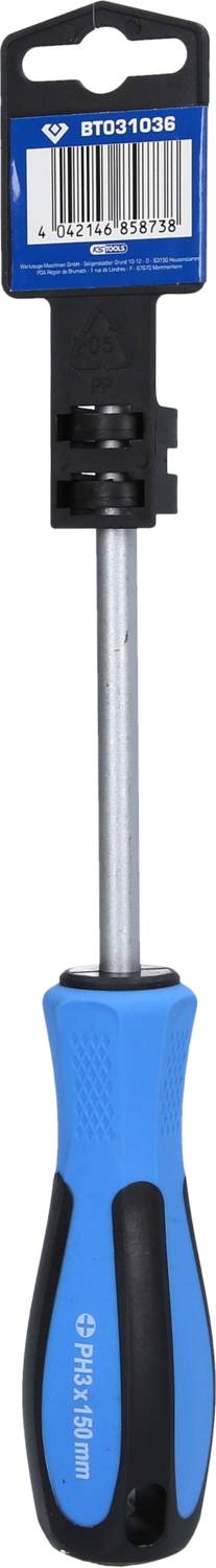 Niebieski śrubokręt z czarną rękojeścią, zawieszony na opakowaniu produktu z kodem kreskowym.