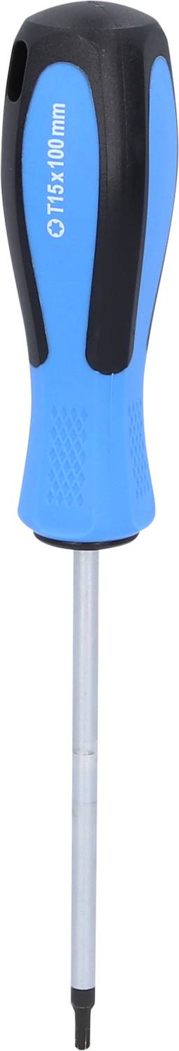 Niebieski śrubokręt z czarną rękojeścią i srebrnym grotem, oznaczony jako 'T 15x100mm'. Przeznaczony do wkrętów TORX.