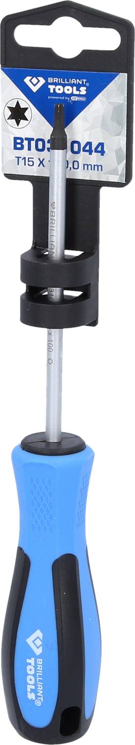 Wkrętak z uchwytem niebiesko-czarnym, rozmiar T15 x 100 mm, z etykietą i otworem do zawieszenia. Oznaczenie 'Tivoly Expert'.