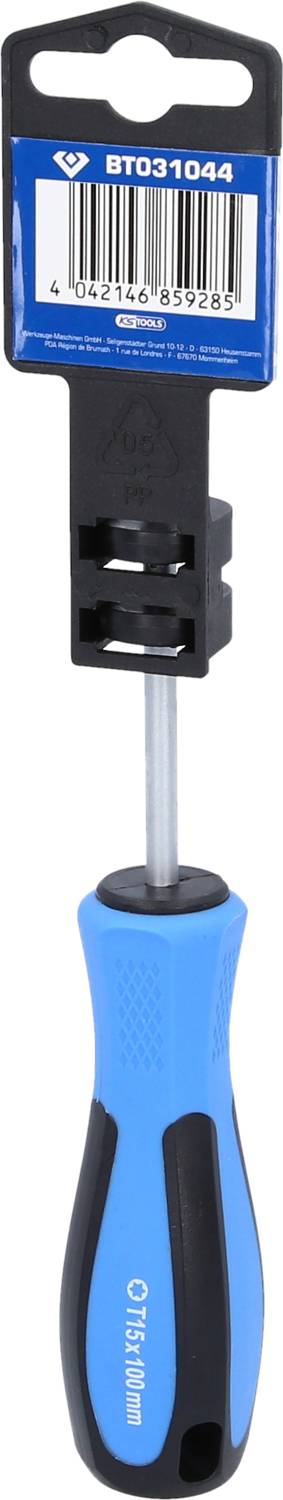 Niebieski śrubokręt z czarnym uchwytem i rowkiem na kłódkę, marka BT031044, z kodem kreskowym na opakowaniu.