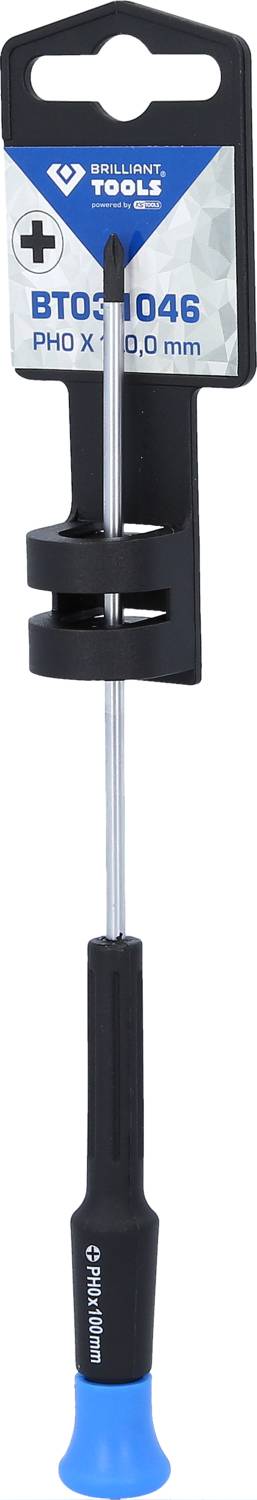 Wkrętak z końcówką PH0, o średnicy 3,0 mm, z czarnym uchwytem i niebieskim zakończeniem, marki Wiha Tools.