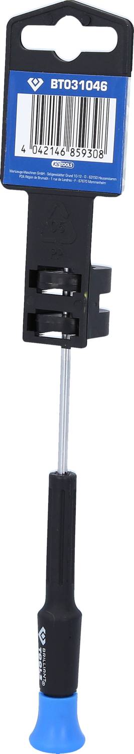 Mały śrubokręt z czarną rękojeścią i niebieskim grotem, przymocowany do czarnego uchwytu z kodem kreskowym i numerem 'BT031046'.