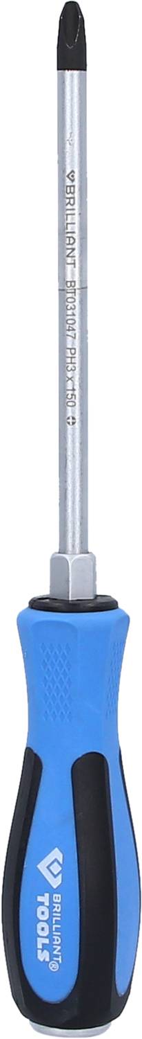 Niebieski wkrętak z czarną rękojeścią, odpowiedni do wkrętów krzyżowych.