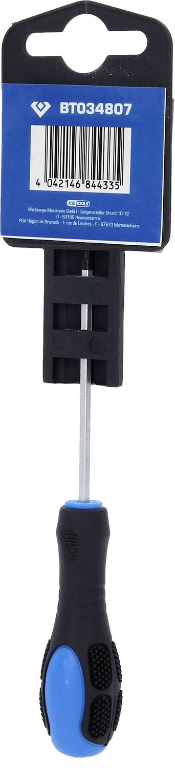 Wkrętak z czarną rękojeścią i niebieskimi akcentami, przymocowany do opakowania z kodem kreskowym i numerem produktu 'BTD34807'.