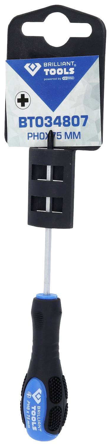 Wkrętak z uchwytem niebiesko-czarnym, krzyżowy, PH0x75 mm, nazwa marki 'Brilliant Tools', numer artykułu BT034807.