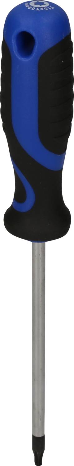 Niebieski śrubokręt z czarną rękojeścią i metalowym grotem, sfotografowany z bliska.