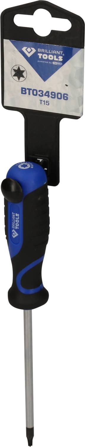 Wkrętak torx z uchwytem w kolorze niebiesko-czarnym i końcówką T15, zapakowany na czarnym stojaku z numerem produktu 'BT034906'.