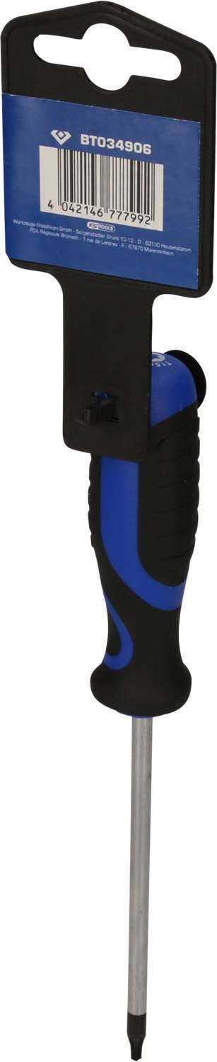 Niebieski śrubokręt z czarnym uchwytem, zapakowany w niebieskie opakowanie kartonowe z widocznym kodem kreskowym.