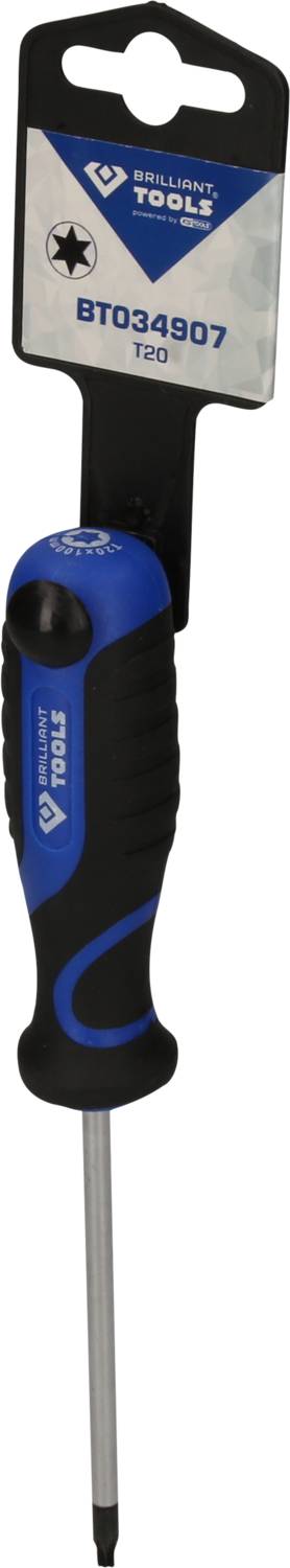 Wkrętak 'Bauhaus' z uchwytem w kolorze niebiesko-czarnym oraz końcówką Torx. Numer modelu 'BT034907' na opakowaniu.