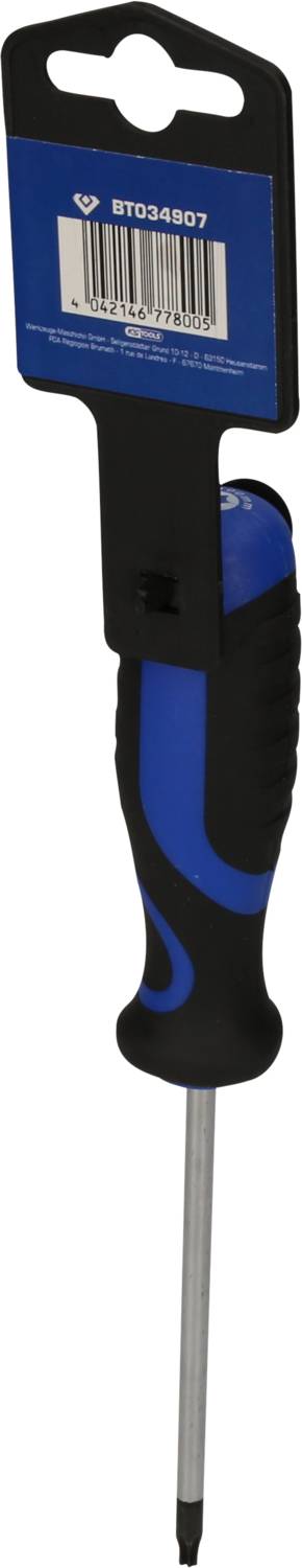 Wkrętak krzyżowy z uchwytem w kolorze niebiesko-czarnym z etykietą na górze.