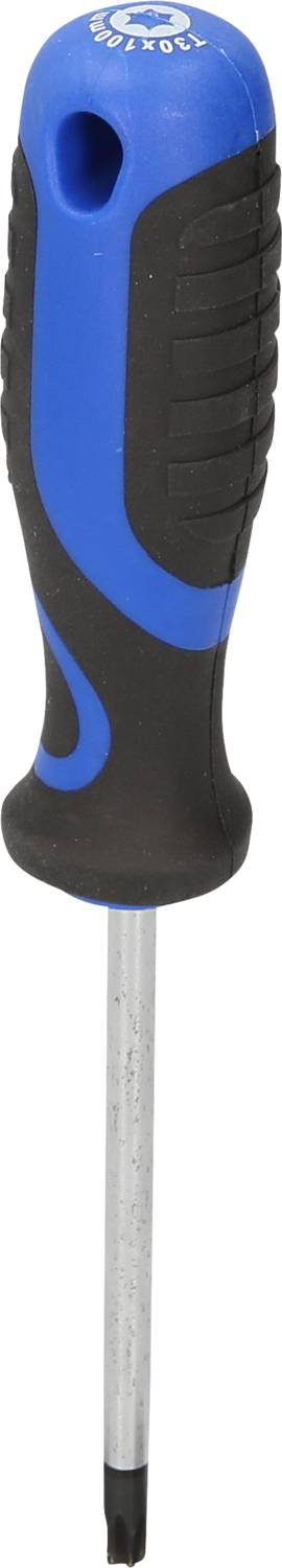 Śrubokręt z uchwytem w kolorze niebiesko-czarnym i płaską metalową końcówką, przeznaczony do wkręcania śrub o kształcie gwiazdy.