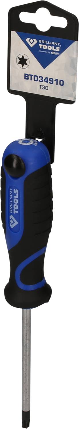 Wkrętak z uchwytem w kolorze niebiesko-czarnym, etykieta producenta 'GT034910 T30', odpowiedni do wkrętów krzyżowych.