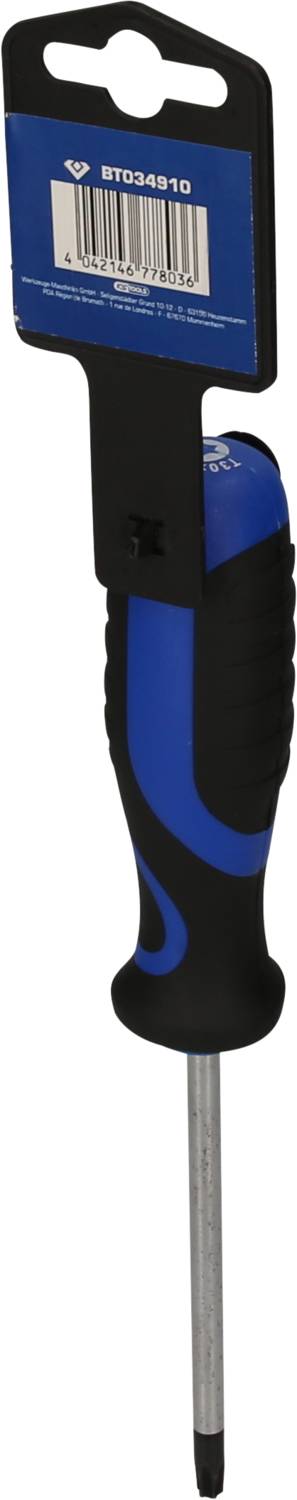 Niebieski i czarny śrubokręt z końcówką krzyżakową. Etykieta informacyjna z kodem kreskowym i danymi producenta.