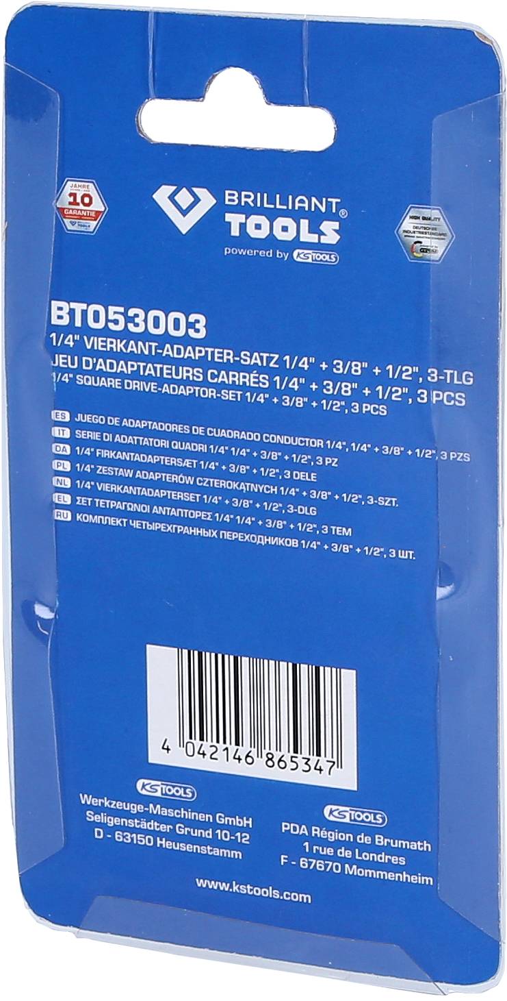 'Brilliant Tools BT053003, Zestaw adapterów 1/4" do 3/8", 3-częściowy. Zawiera informacje o produkcie, dane producenta i kod kreskowy na niebieskim opakowaniu.'
