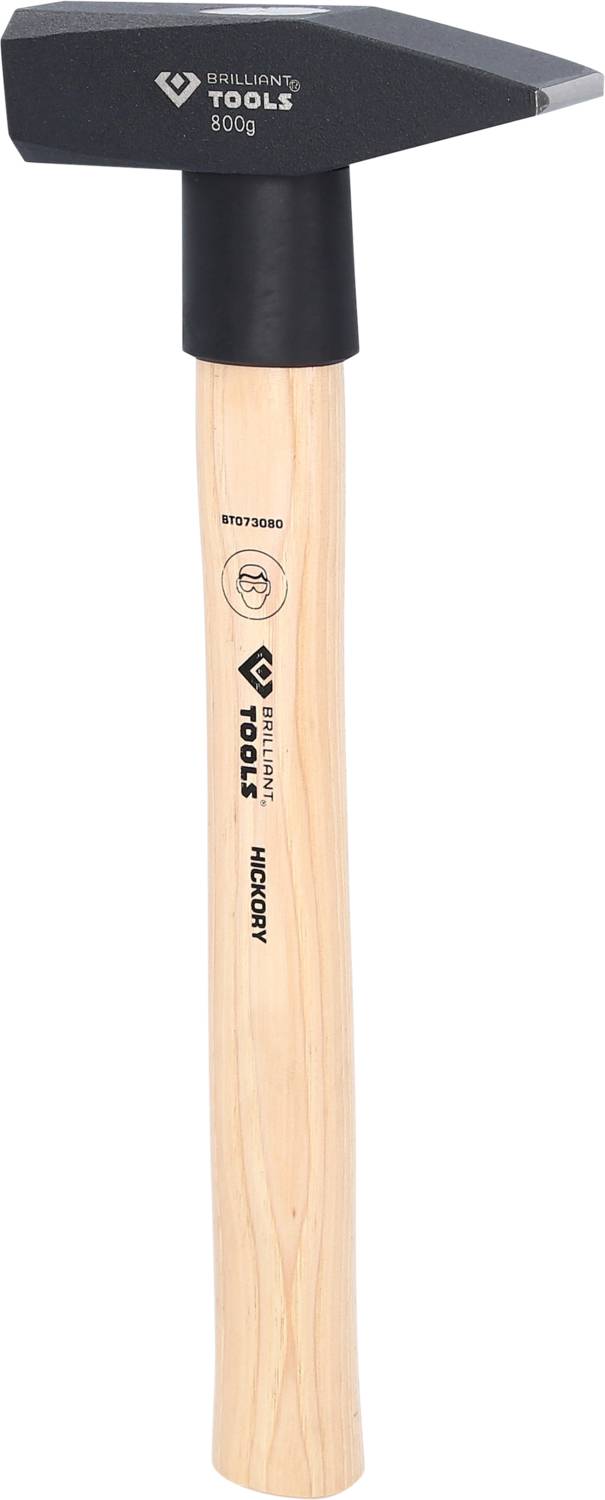 Młotek z drewnianą rączką i czarną główką, na której widnieje napis 'Brillants Tools 500g'.