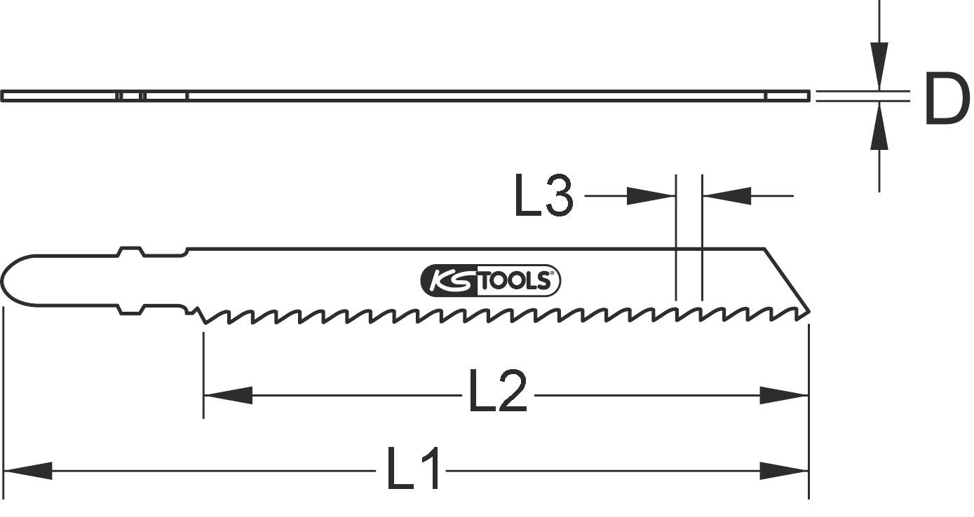 Ilustracja kształtu brzeszczotu wyrzynarki z wymiarami L1, L2, L3 i D. Główna część z logo KS Tools i uzębionym brzegiem.