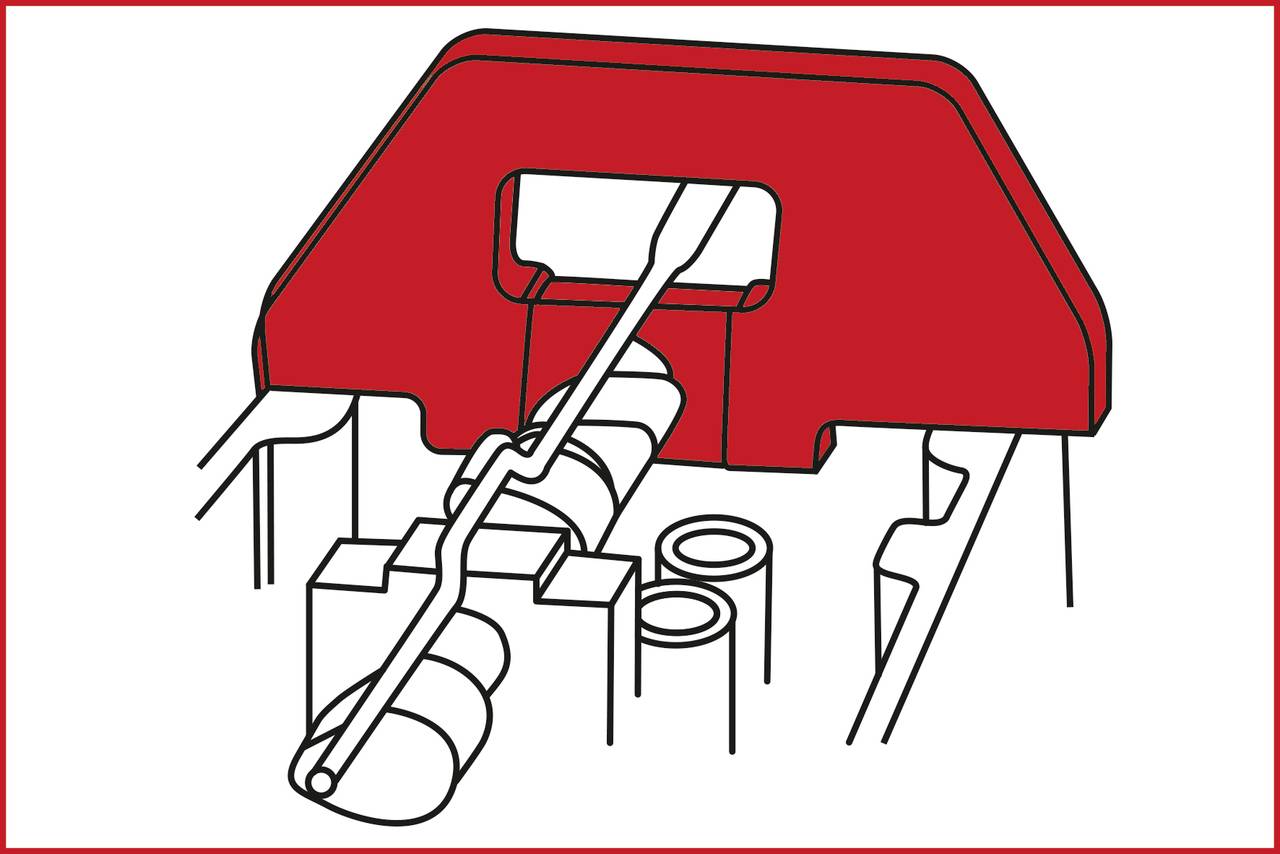 Ilustracja złącza przewodowego w złączu, z czerwoną częścią plastikową służącą do mocowania przewodu.