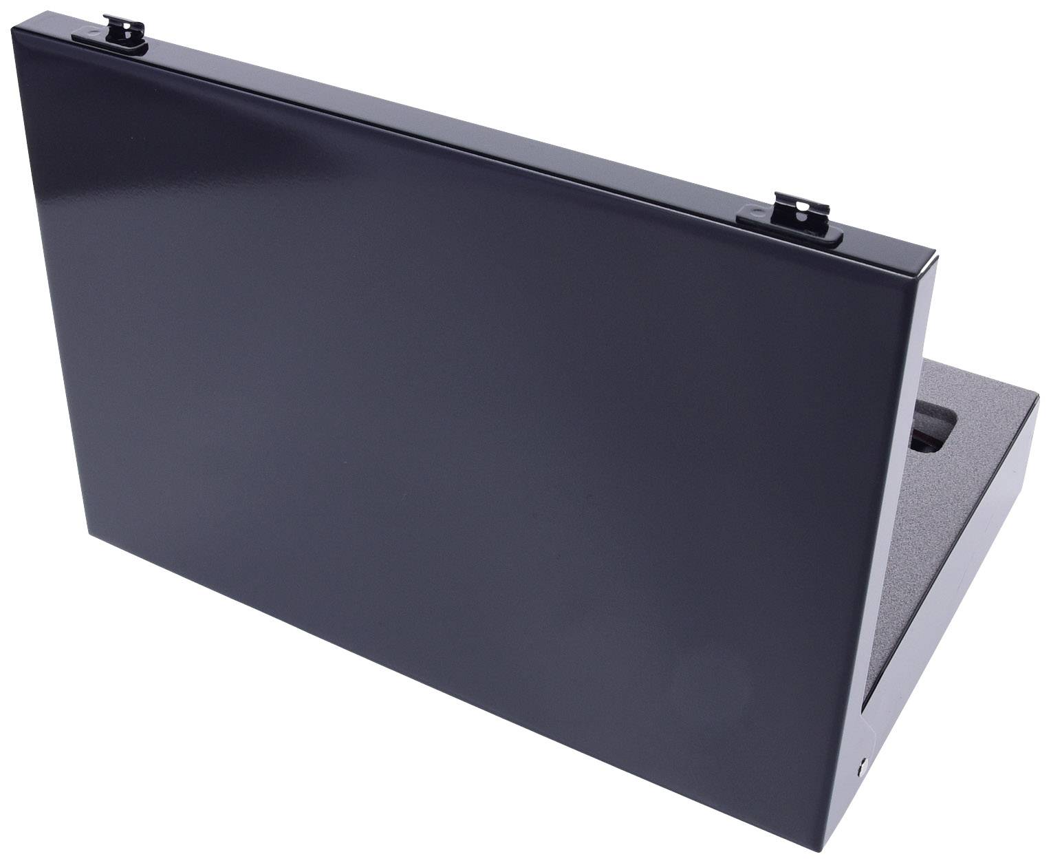 Czarna, prostokątna osłona ochronna z zawiasami przy górnej krawędzi i wyściółką z pianki wewnątrz.