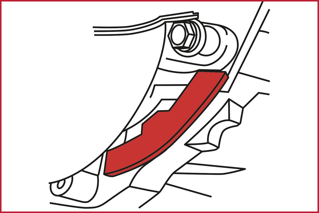 Rysunek techniczny części mechanicznej z czerwonym zaznaczonym obszarem, który podkreśla kluczowy element lub funkcję.